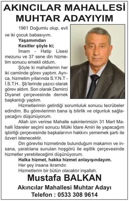 AKINCILAR MAHALLESİ MUHTAR ADAYI MUSTAFA BALKAN