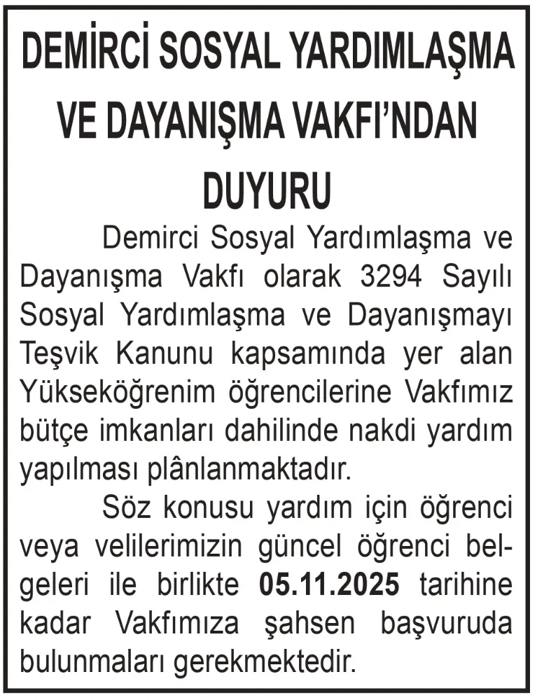 DEMİRCİ SOSYAL YARDIMLAŞMA VE DAYANIŞMA VAKFI