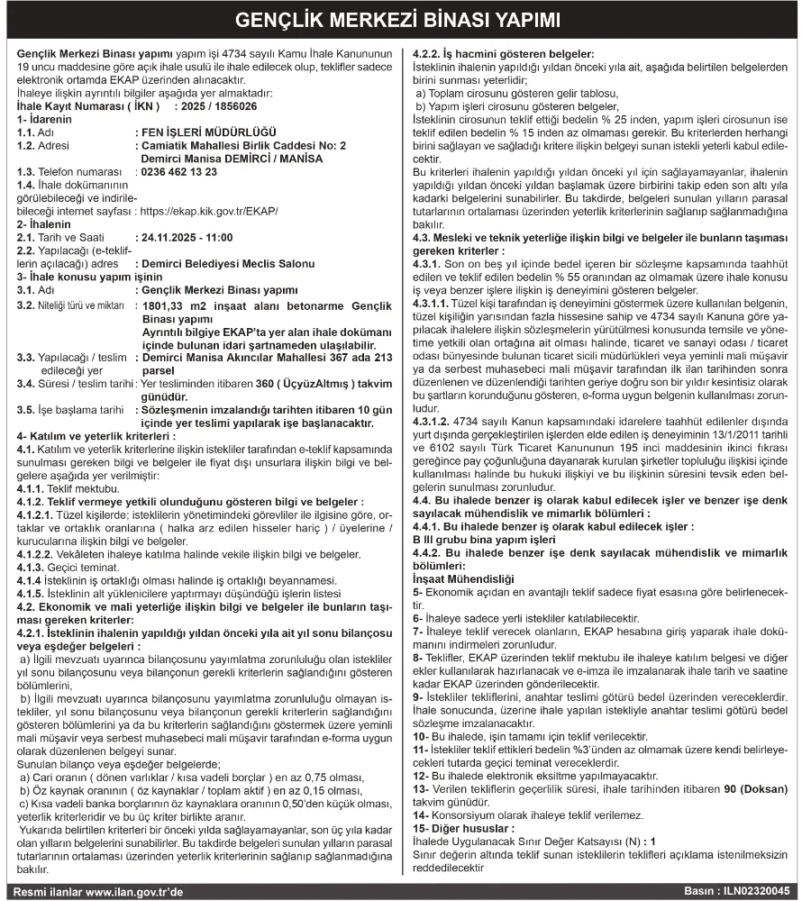 GENÇLİK MERKEZİ BİNASI YAPIMI