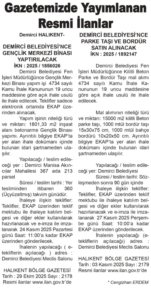 Gazetemizde Yayımlanan Resmi İlanlar