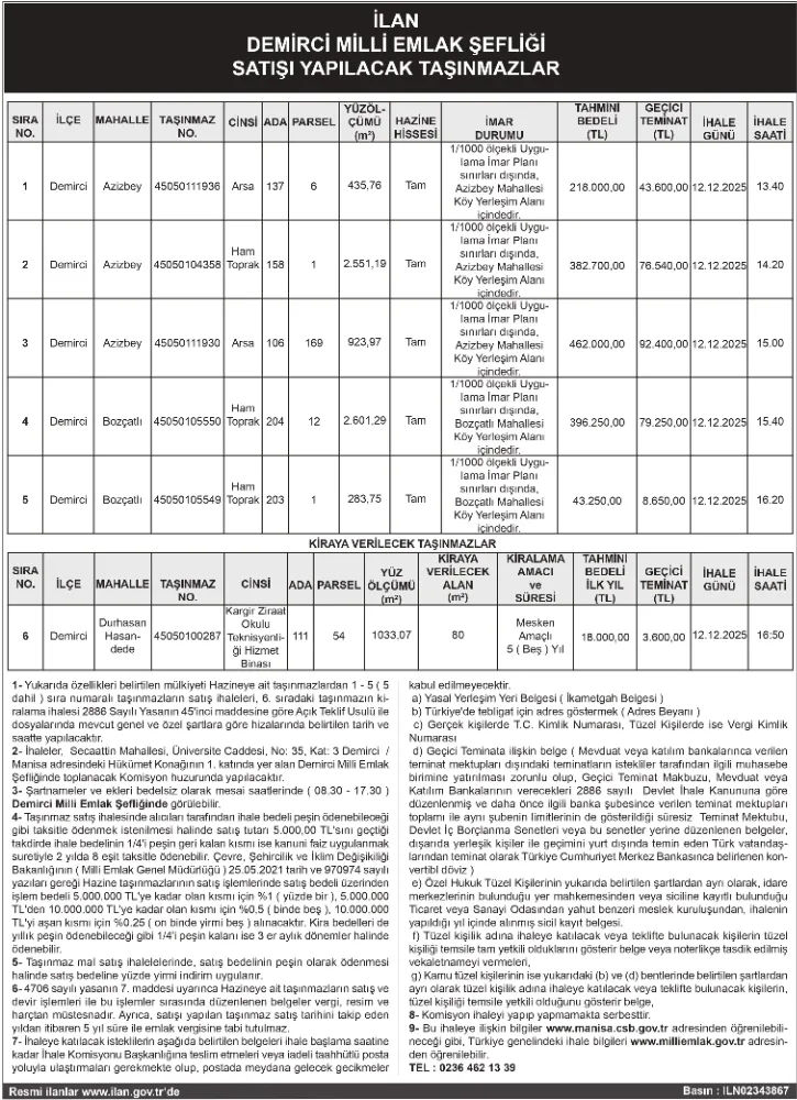 İLAN DEMİRCİ MİLLİ EMLAK ŞEFLİĞİ SATIŞI YAPILACAK TAŞINMAZLAR 