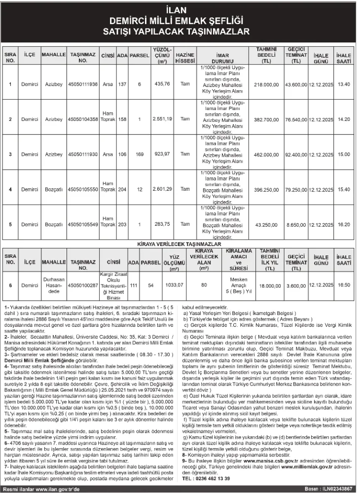 İLAN DEMİRCİ MİLLİ EMLAK ŞEFLİĞİ SATIŞI YAPILACAK TAŞINMAZLAR 