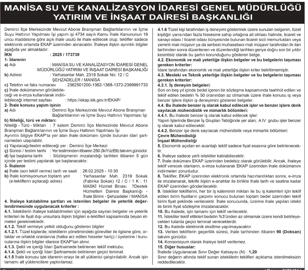 MANİSA SU VE KANALİZASYON İDARESİ GENEL MÜDÜRLÜĞÜ YATIRIM VE İNŞAAT DAİRESİ BAŞKANLIĞI