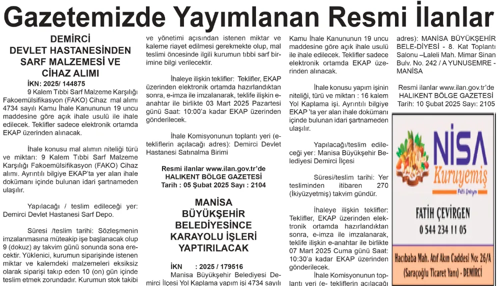 Gazetemizde Yayımlanan Resmi İlanlar