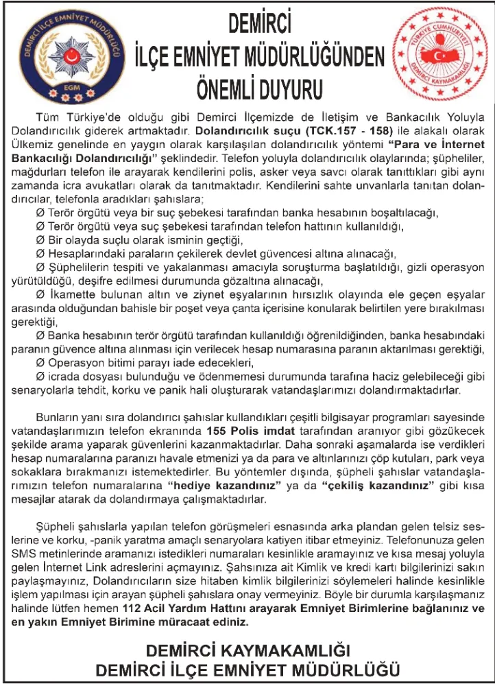 DEMİRCİ İLÇE EMNİYET MÜDÜRLÜĞÜNDEN  ÖNEMLİ DUYURU