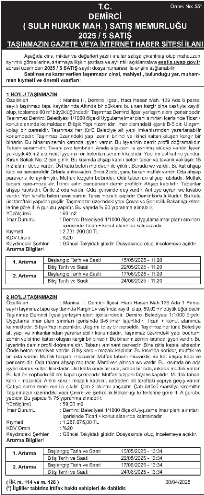 T.C. DEMİRCİ ( SULH HUKUK MAH. ) SATIŞ MEMURLUĞU 2025 / 5 SATIŞ TAŞINMAZIN GAZETE VEYA İNTERNET HABER SİTESİ İLANI 