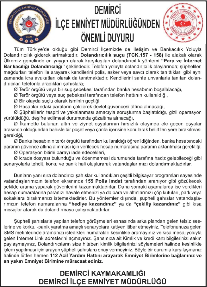 DEMİRCİ İLÇE EMNİYET MÜDÜRLÜĞÜNDEN  ÖNEMLİ DUYURU