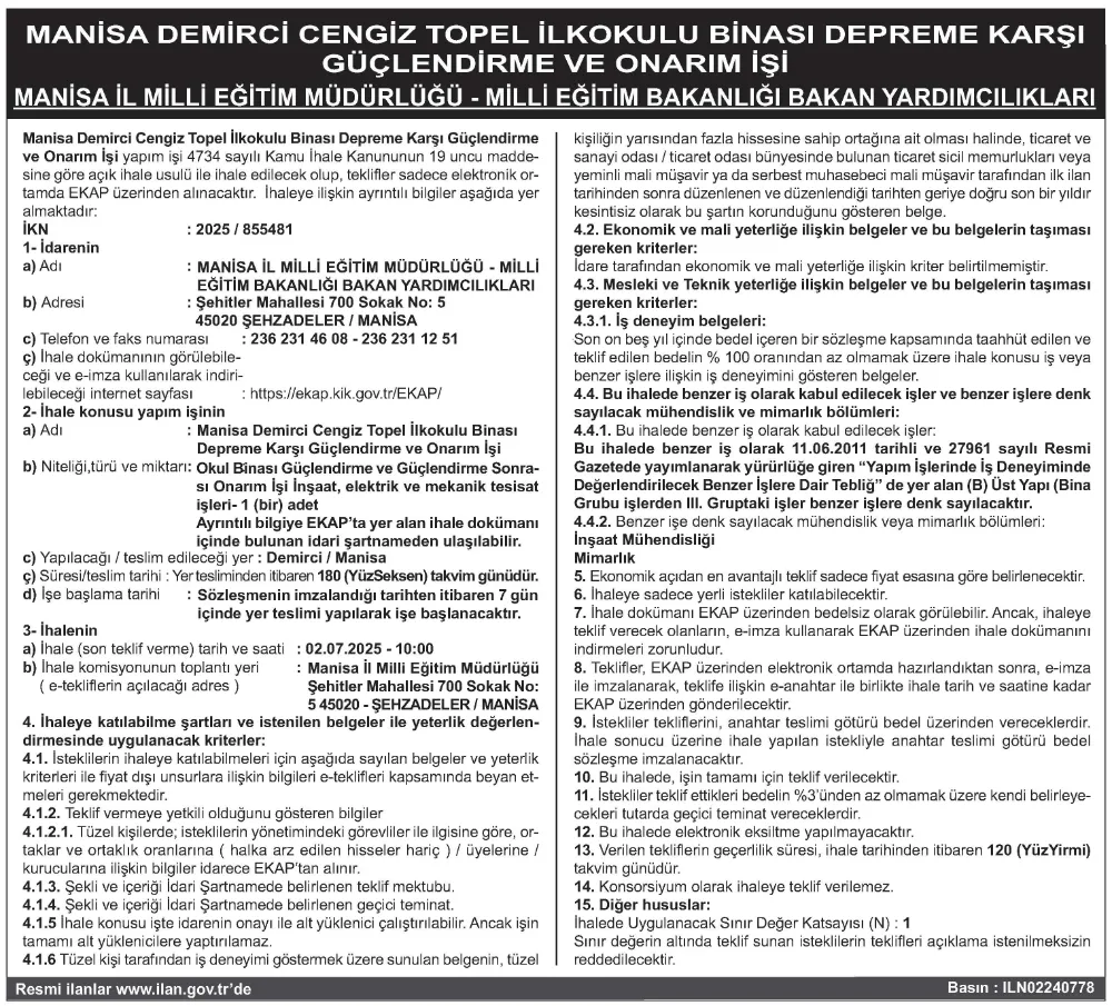 MANİSA DEMİRCİ CENGİZ TOPEL İLKOKULU BİNASI DEPREME KARŞI  GÜÇLENDİRME VE ONARIM İŞİ