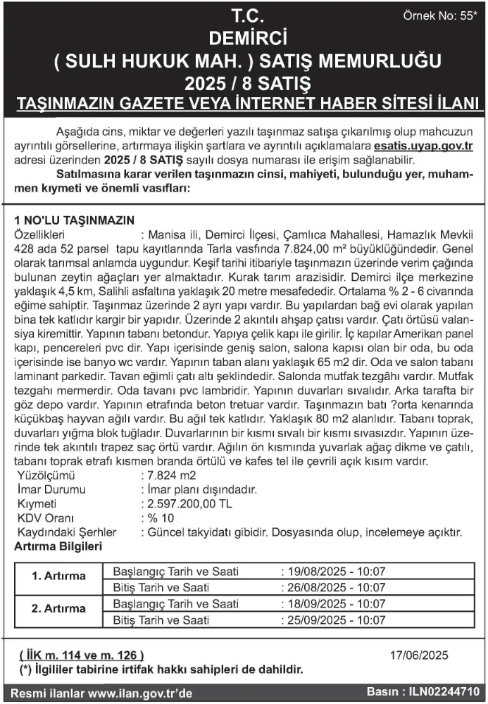 T.C.  DEMİRCİ ( SULH HUKUK MAH. ) SATIŞ MEMURLUĞU 2025 / 8 SATIŞ TAŞINMAZIN GAZETE VEYA İNTERNET HABER SİTESİ İLANI 