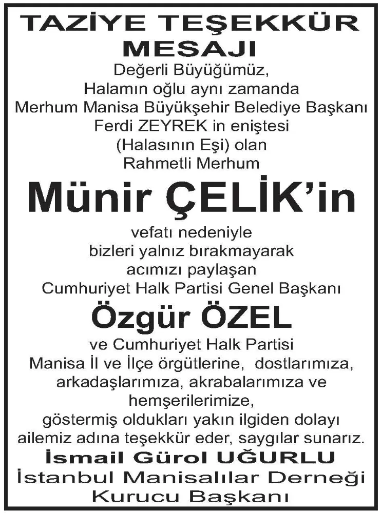 TAZİYE TEŞEKKÜR  MESAJI