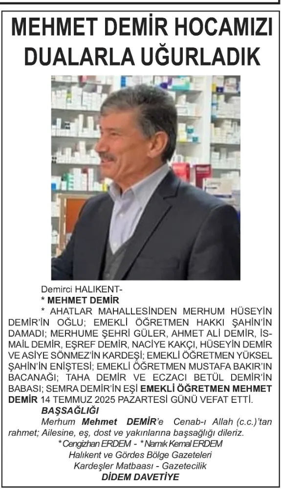 MEHMET DEMİR HOCAMIZI DUALARLA UĞURLADIK