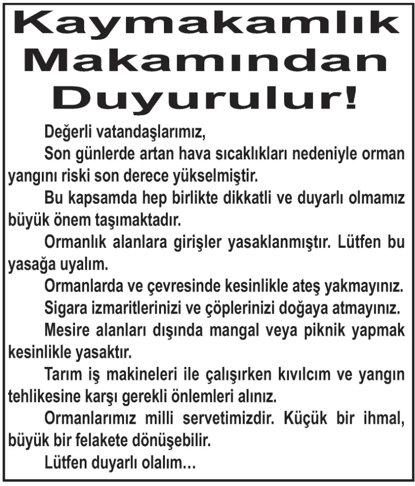 Kaymakamlık  Makamından Duyurulur!