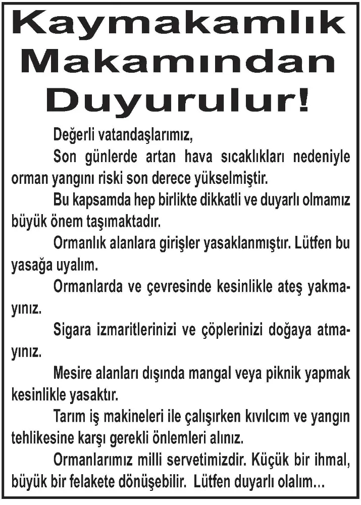 Kaymakamlık  Makamından Duyurulur!