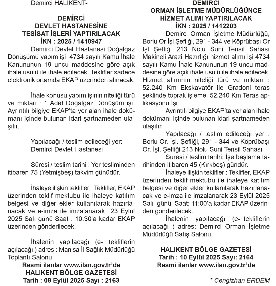 HALIKENT Bölge Gazetemizde  Yayımlanan Resmi İlanlar