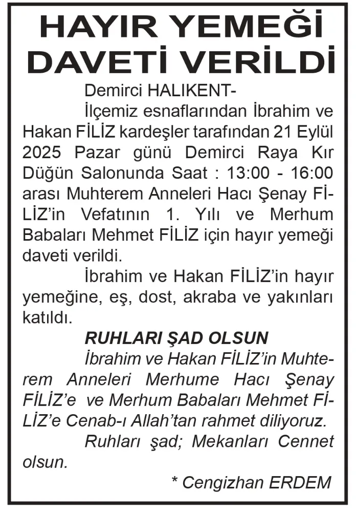 HAYIR YEMEĞİ DAVETİ VERİLDİ