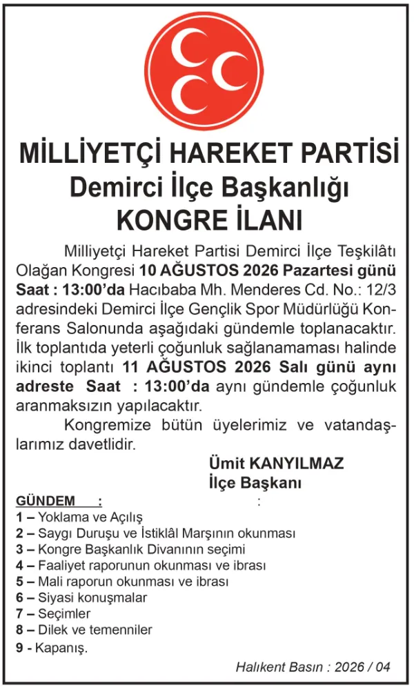 MİLLİYETÇİ HAREKET PARTİSİ  Demirci İlçe Başkanlığı KONGRE İLANI