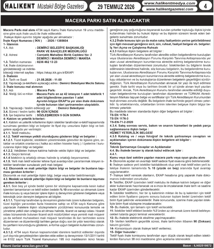  MACERA PARKI SATIN ALINACAKTIR