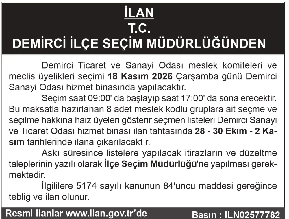 İLAN T.C. DEMİRCİ İLÇE SEÇİM MÜDÜRLÜĞÜNDEN