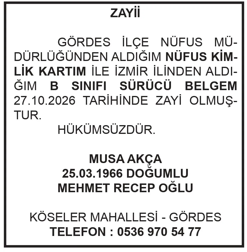 ZAYİİ İLANI