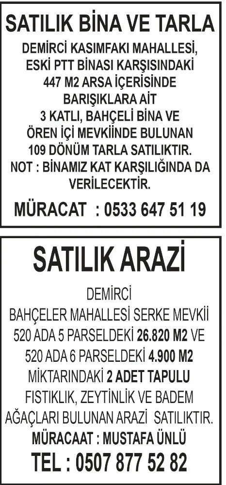 SATILIK BİNA , TARLA VE ARAZİ