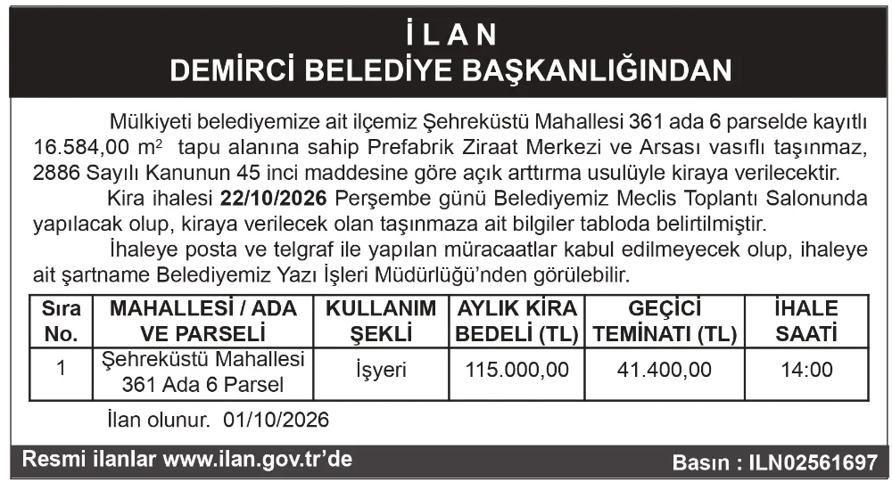 İ L A N DEMİRCİ BELEDİYE BAŞKANLIĞINDAN