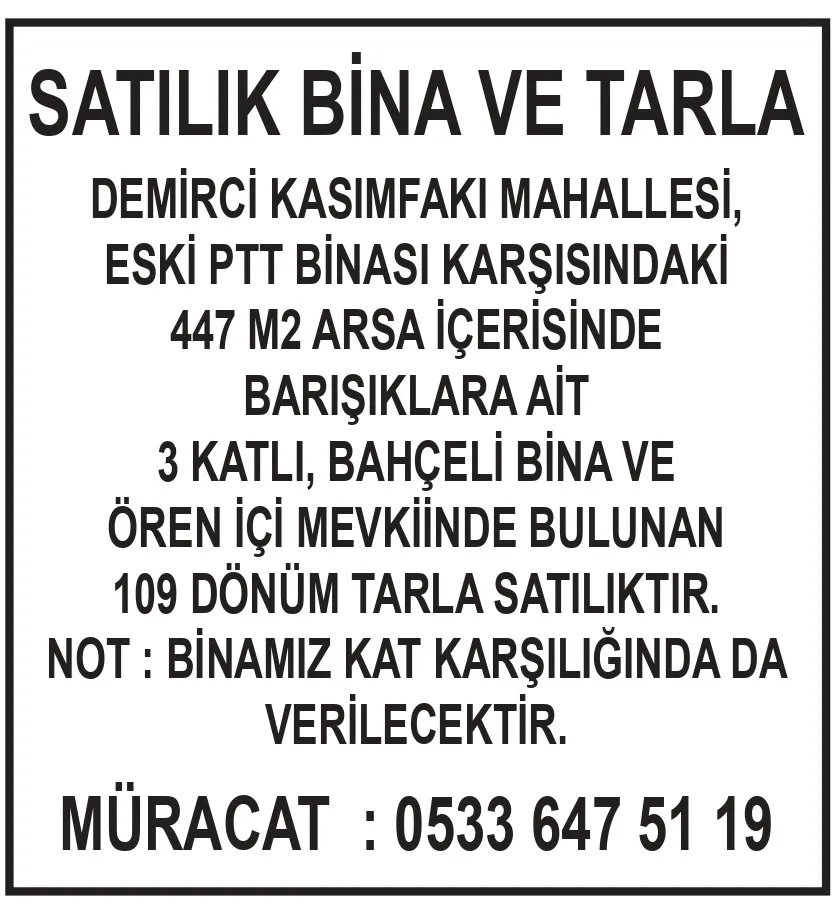 SATILIK BİNA VE TARLA
