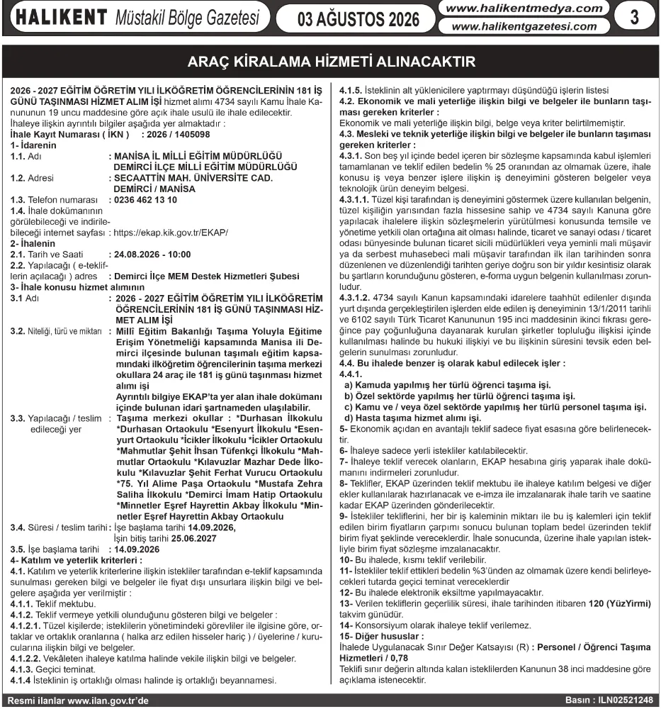  ARAÇ KİRALAMA HİZMETİ ALINACAKTIR