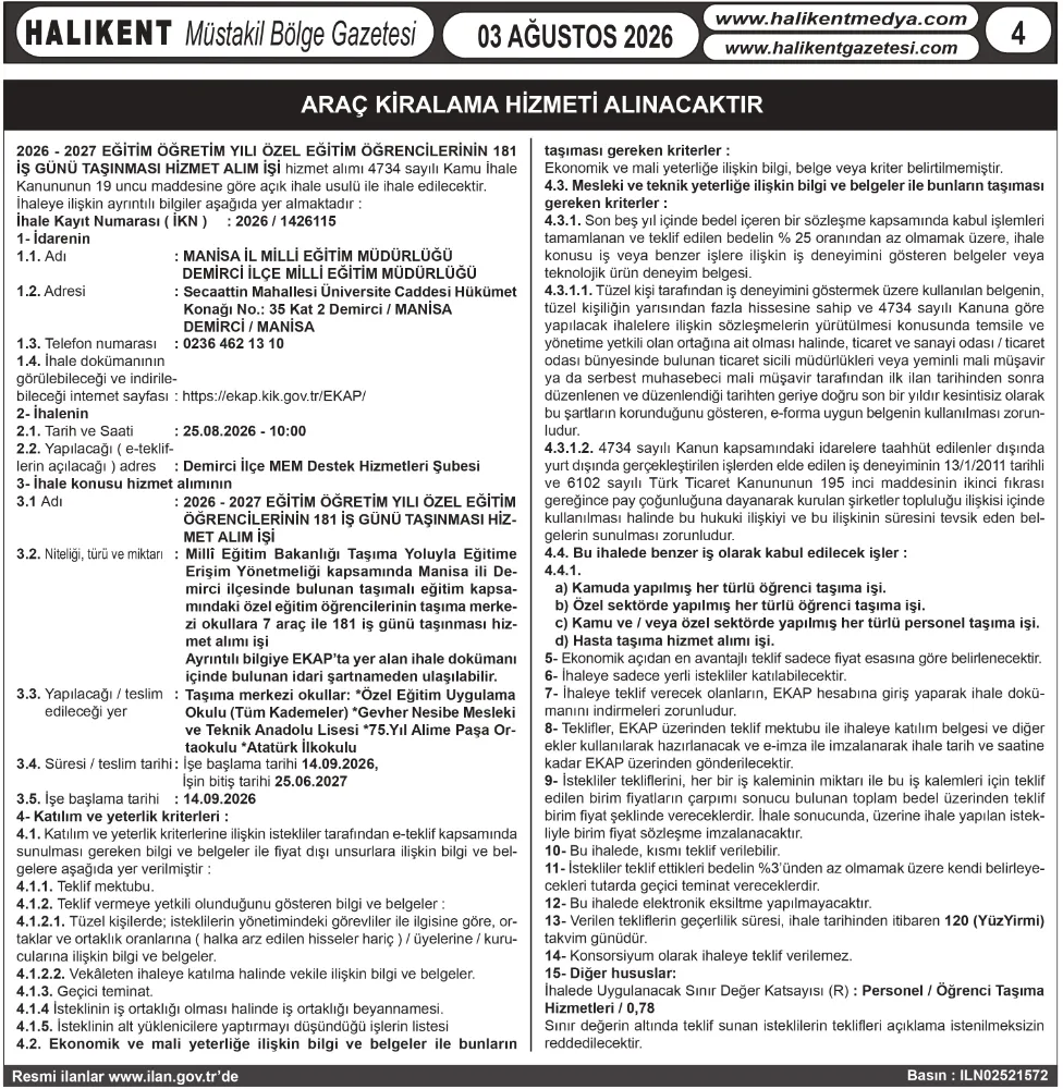  ARAÇ KİRALAMA HİZMETİ ALINACAKTIR