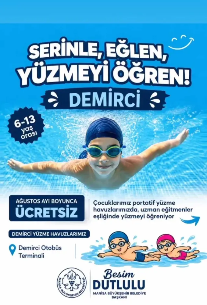 DEMİRCİ'DE ÇOCUKLAR İÇİN  ÜCRETSİZ YÜZME EĞİTİMİ BAŞLADI