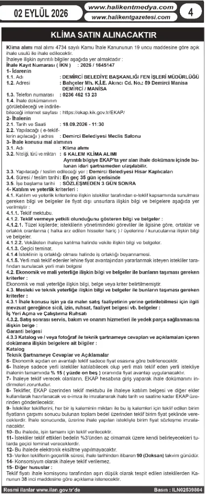 KLİMA SATIN ALINACAKTIR