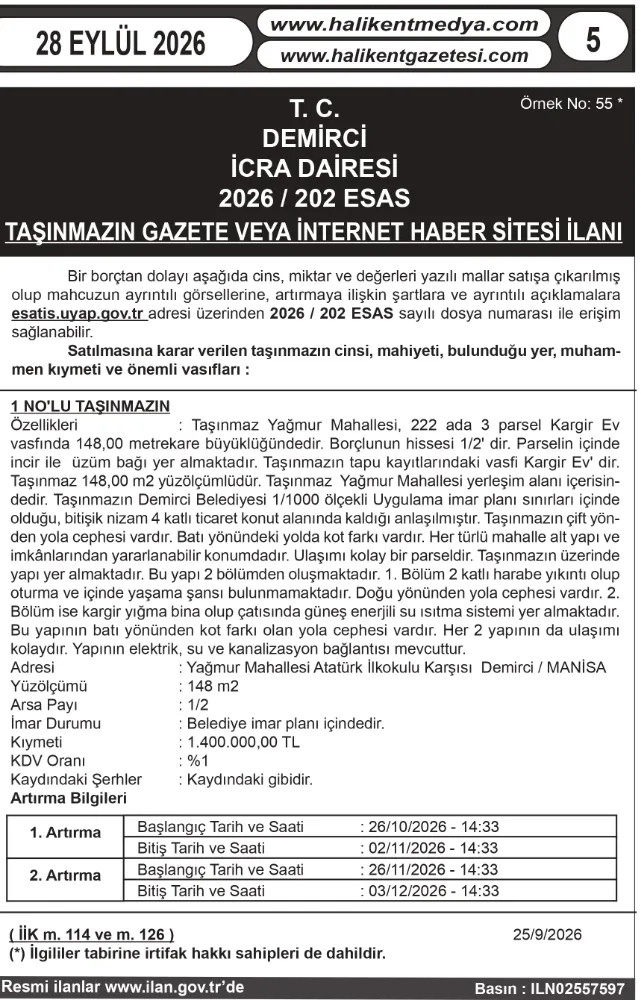 T. C. DEMİRCİ İCRA DAİRESİ 2026 / 202 ESAS TAŞINMAZIN GAZETE VEYA İNTERNET HABER SİTESİ İLANI