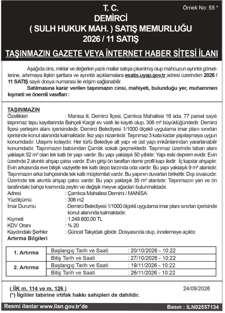 T. C. DEMİRCİ ( SULH HUKUK MAH. ) SATIŞ MEMURLUĞU 2026 / 11 SATIŞ TAŞINMAZIN GAZETE VEYA İNTERNET HABER SİTESİ İLANI