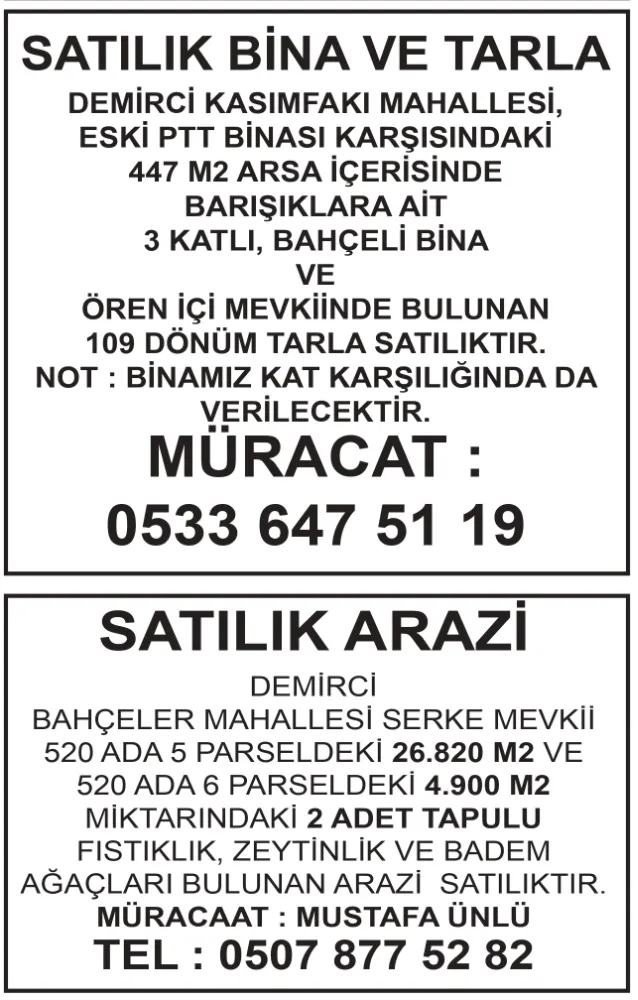 SATILIK BİNA , TARLA VE ARAZİ