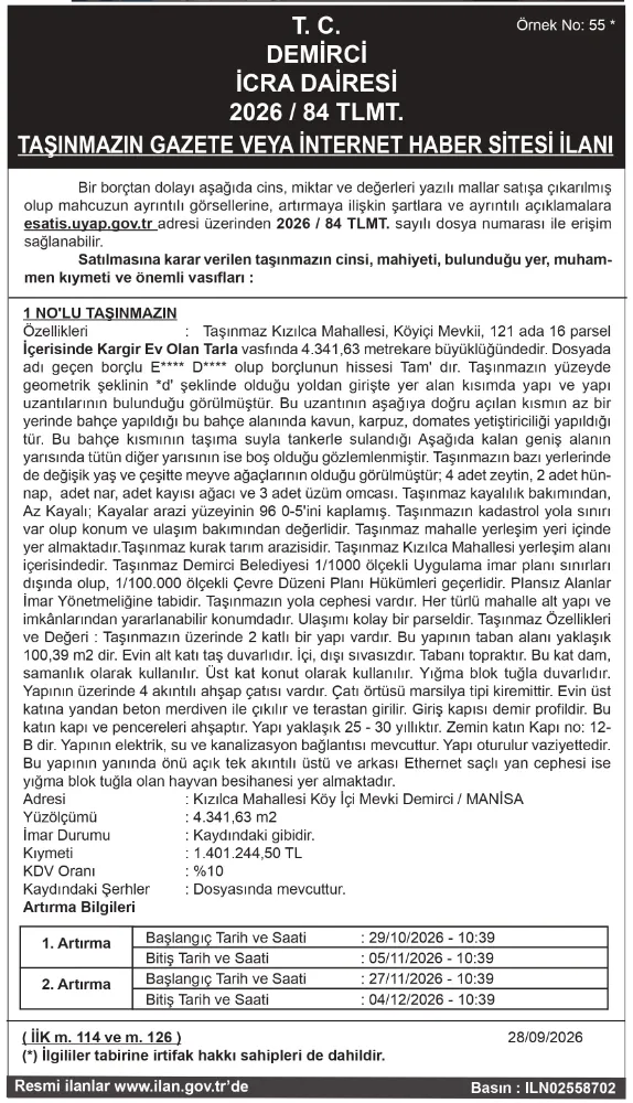T. C. DEMİRCİ İCRA DAİRESİ 2026 / 84 TLMT. TAŞINMAZIN GAZETE VEYA İNTERNET HABER SİTESİ İLANI